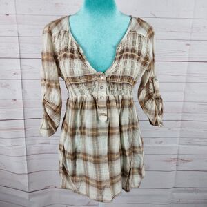 Max Studio Brown White Plaid Top Size S Y2K Babydoll Peplum Cinched Coquette